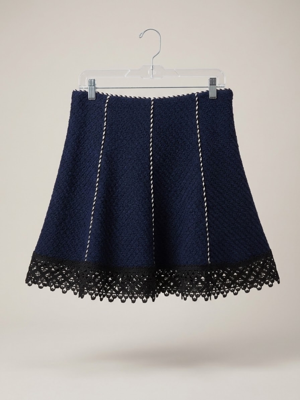 Endless Rose Navy Blue A-Line Tweed Skirt with Lace Trim - Size Small